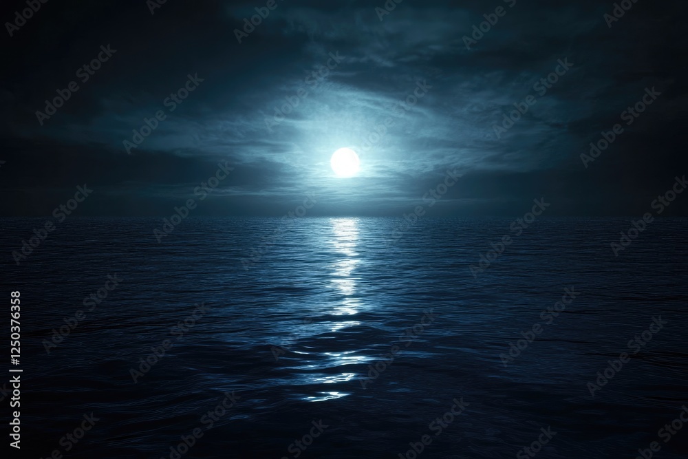 Night ocean moonlit seascape, calm waters, dark clouds, background, mood Night ocean moonlit seascape, calm waters, dark clouds, background, mood
