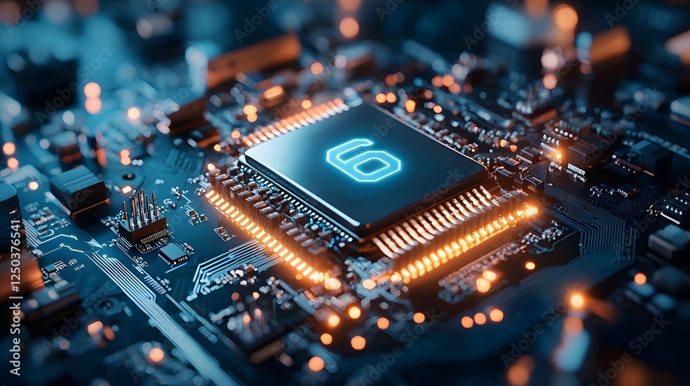 Closeup view of a microchip or integrated circuit board with glowing electronic components and copper tracks on a dark background representing technology engineering and digital innovation