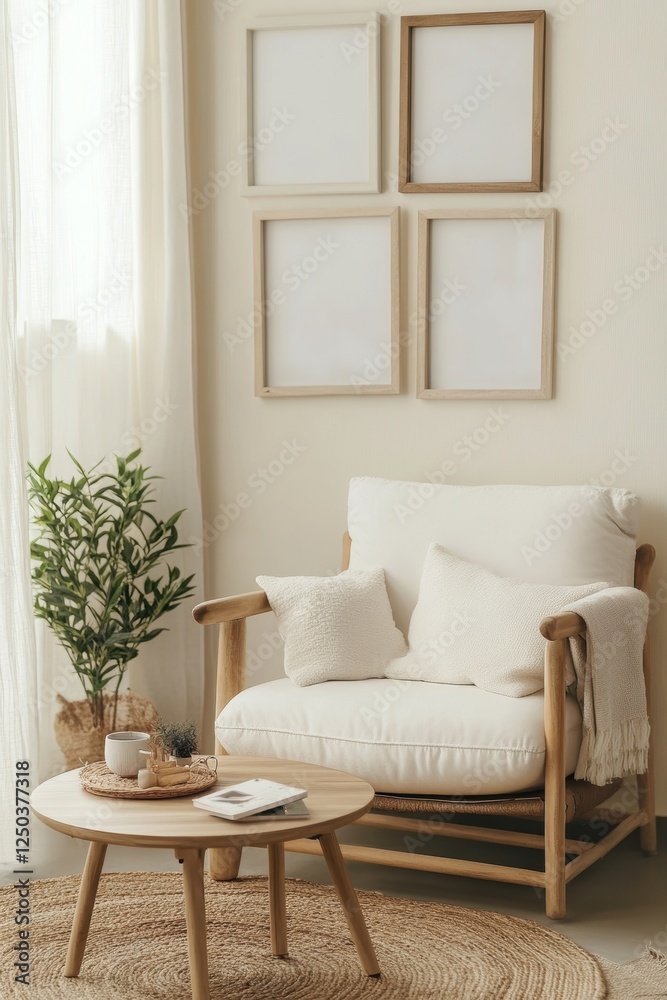 Obraz premium Cozy living room setup featuring a comfortable chair, minimalist decor, round coffee table, blank wall art frames, greenery, and a warm atmosphere. Home interior. Template.