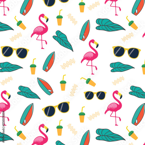 Seamless pattern with flamingo, sunglasses, cocktail and tropical leaves.