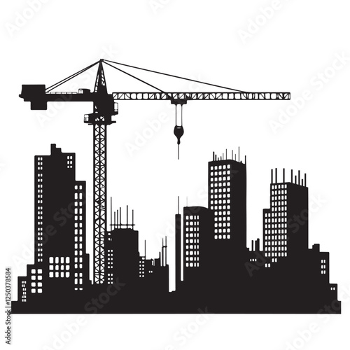 Dynamic Silhouette Cityscape Construction Site Tower Crane Illustration Vector