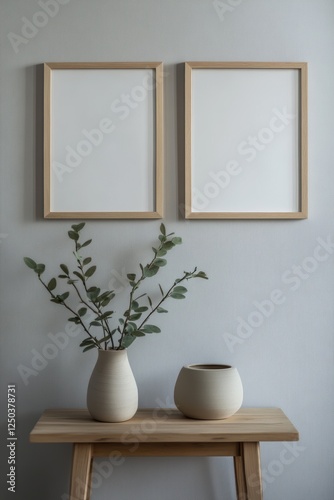 Empty modern picture frames on a minimalist wall, showcasing a simple wooden table with vases and greenery. Perfect for art display and home decor mockups.