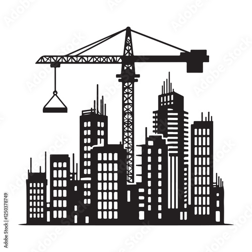 Urban Development Silhouette Complex Cityscape Construction Site Crane Vector