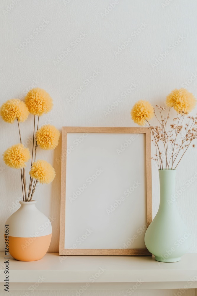 Modern wall art display featuring a blank poster frame, decorative vases with yellow flowers, and a minimalist shelf setup. Perfect for home decor inspiration. Template. Modern wall art display featuring a blank poster frame, decorative vases with yellow flowers, and a minimalist shelf setup. Perfect for home decor inspiration. Template.
