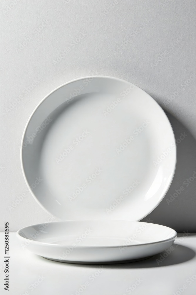 Fototapeta premium Two pristine white oval plates sit on a smooth surface against a bright backdrop, displaying elegant simplicity and minimalist design