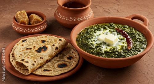 Freshly rolled makki ki roti (corn flatbread) charred on a clay tawa, paired with a saag of mustard leaves and spinach. A dollop of white butter melts into the saag, with a side of jaggery  photo