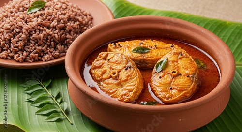 A rustic terracotta bowl filled with fiery red coconut-based fish curry, chunks of seer fish simmering in tangy tamarind and kokum broth. Curry leaves and black mustard seeds float on 