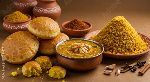 Crumbled golden baati (hard wheat rolls) beside a bowl of spicy dal infused with ghee, topped with crispy fried garlic. A mound of sweet churma  photo