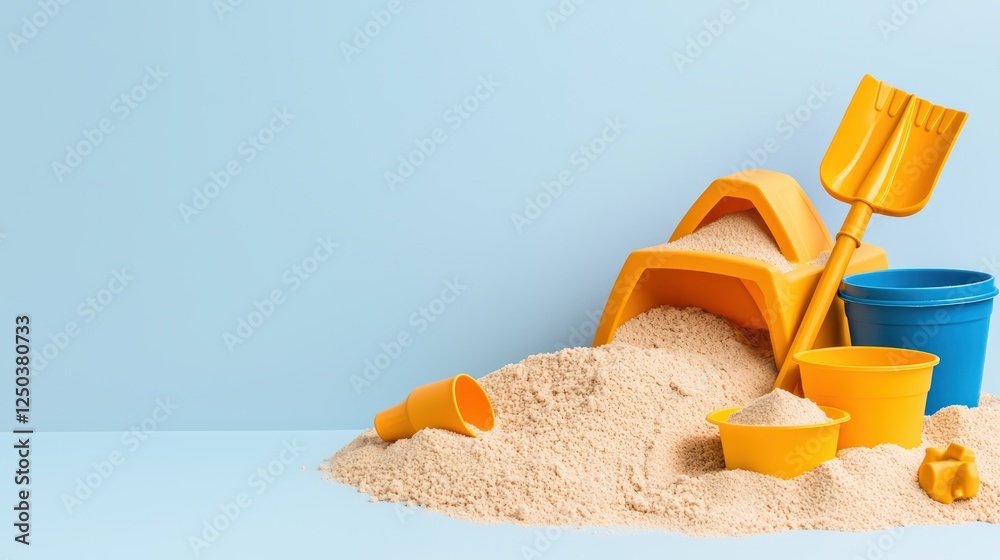 Colorful Sand Toys with Yellow and Blue Buckets and Tools on Sand Colorful Sand Toys with Yellow and Blue Buckets and Tools on Sand