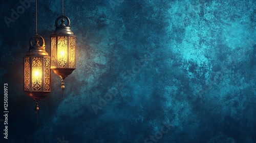 Glowing arabic lanterns with intricate patterns illuminating a dark blue grungy background, perfect for islamic ramadan kareem, iftar festival, and eid mubarak celebration banners
