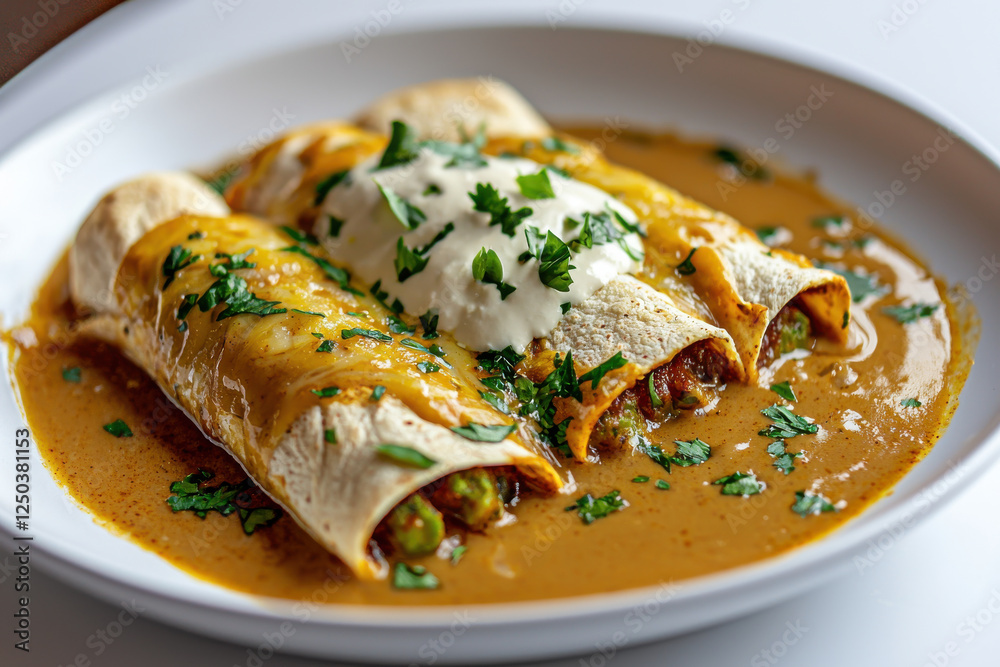 Vegetarian enchiladas with creamy sauce and fresh herbs Vegetarian enchiladas with creamy sauce and fresh herbs