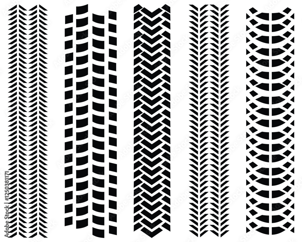 Wheel tire trace track icon set. Tire treads, silhouette of tread marks for cars and vehicles. Motorbike, motorcycle, vehicle track speed racing. Sport, road or highway. Vector illustration.