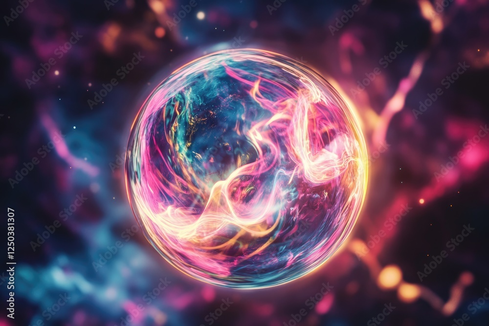 Obraz premium A vibrant, cosmic sphere glows with swirling, ethereal energy against a nebula backdrop.