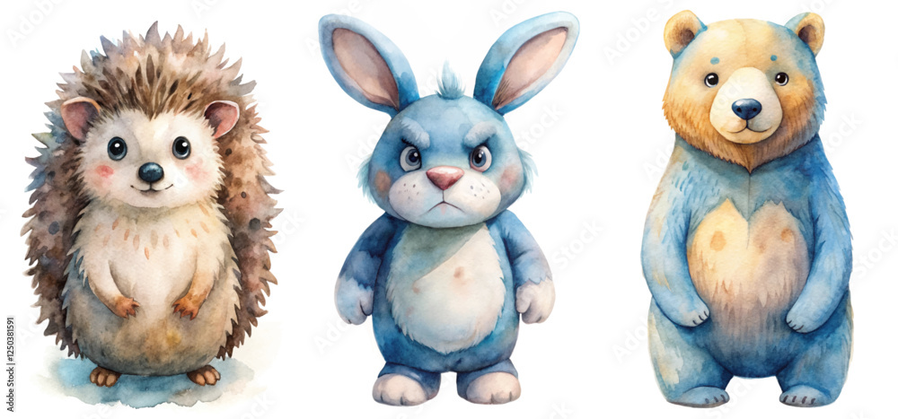 Naklejka premium Cute animal illustrations, watercolor style, hedgehog, rabbit, bear characters, playful design, children's art.