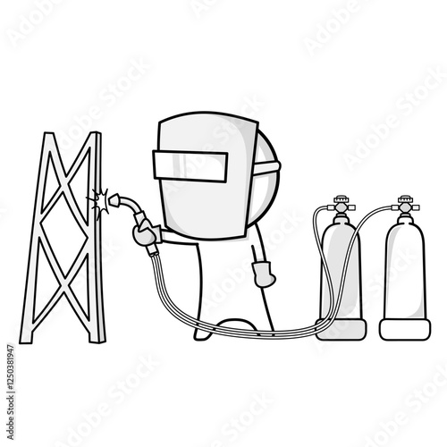 Welder with a welding machine welds metal at a factory