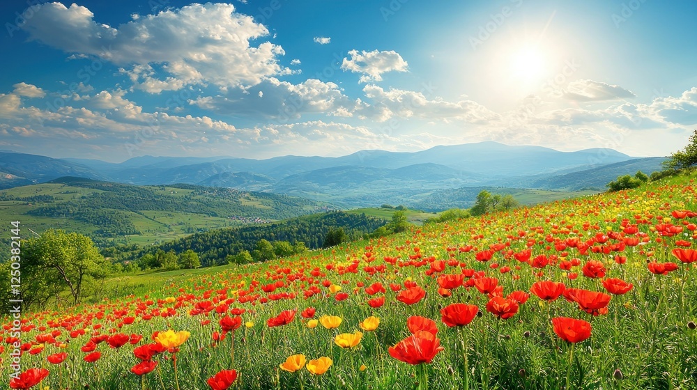 Sunny mountain poppy field landscape, idyllic scene, travel poster Sunny mountain poppy field landscape, idyllic scene, travel poster