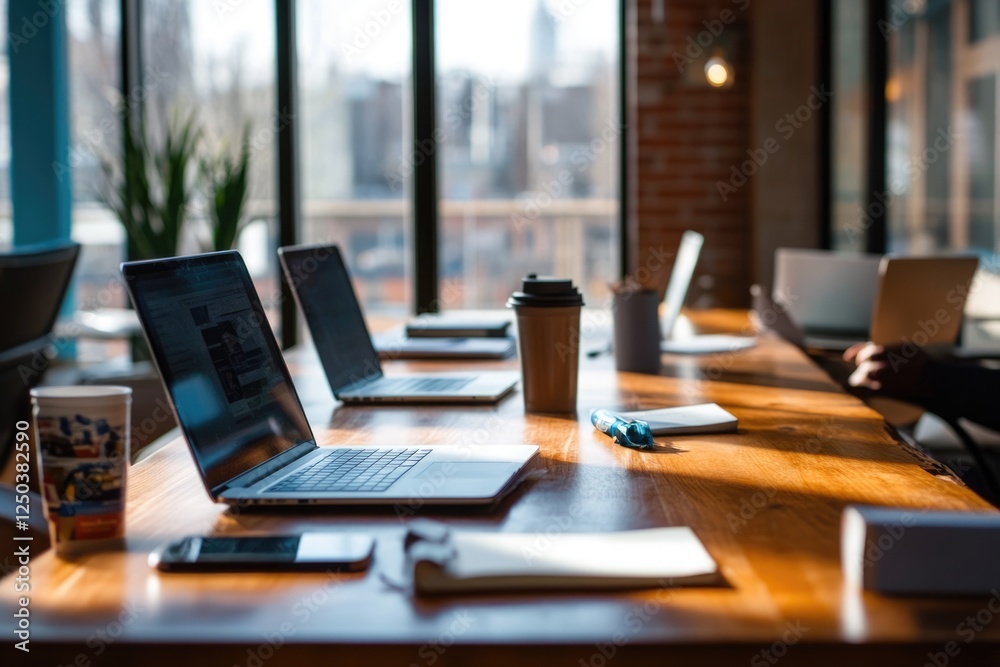 Sunlight streams into a modern office, illuminating laptops, notebooks, and coffee cups on a wooden table. Sunlight streams into a modern office, illuminating laptops, notebooks, and coffee cups on a wooden table.