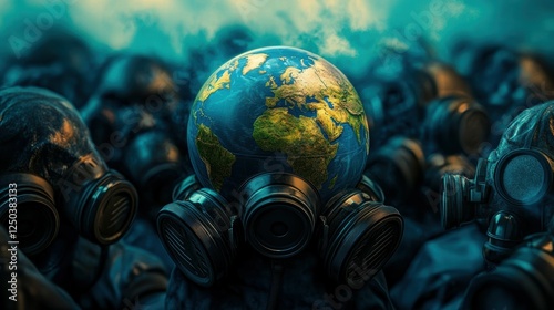 Globe Surrounded by Gas Masks Illustrating Environmental Concerns photo