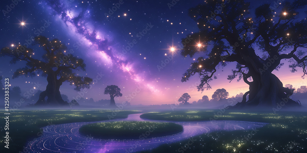Fototapeta premium a vibrant constellation sprawled across the starry night sky above a lush, dense meadow and lake, created by generative ai