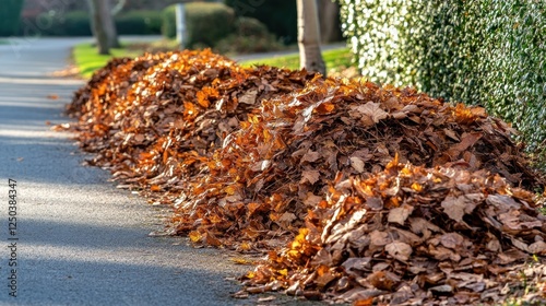 A pile of autumn leaves collected along a road, ready for disposal or composting.