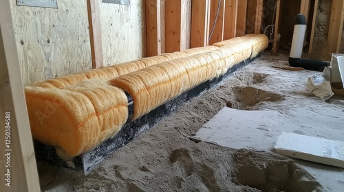 Insulation material installed in a construction setting for thermal protection.