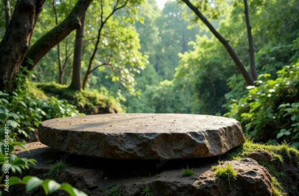 Rock podium, A rock with blurred jungle background with river, best for skin care, perfume and other products display Rock podium, A rock with blurred jungle background with river, best for skin care, perfume and other products display