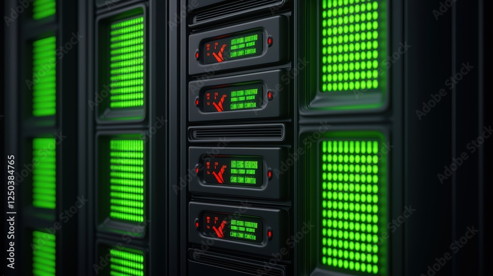 Stylish Server Room with Green LED Display and Modern Technology Stylish Server Room with Green LED Display and Modern Technology