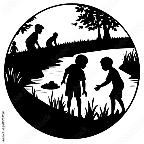 Wallpaper Mural  Children playing near the riverbank  silhouette vector illustration  Torontodigital.ca