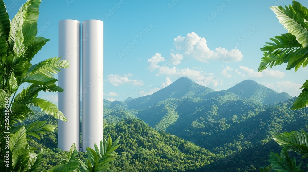 Fototapeta premium Modern Renewable Energy Structures Amidst Lush Green Mountains