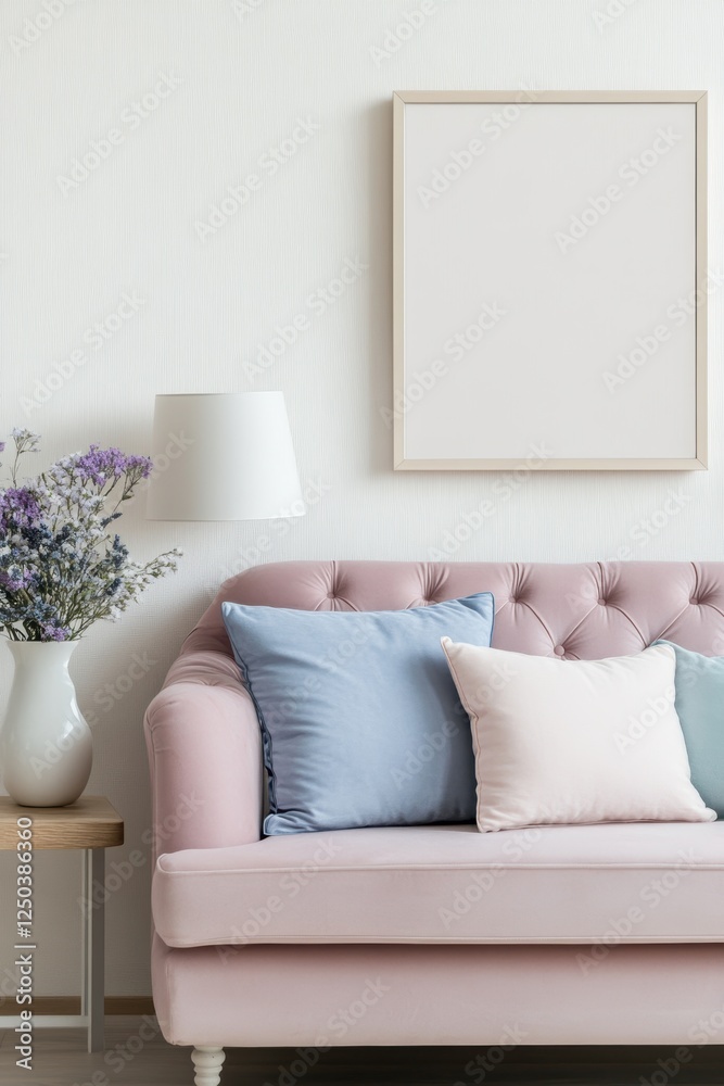 Modern living room setting featuring a cozy pink sofa, decorative pillows, empty wall art frame, elegant lamp, and fresh flowers. Ideal for home décor inspiration. Modern living room setting featuring a cozy pink sofa, decorative pillows, empty wall art frame, elegant lamp, and fresh flowers. Ideal for home décor inspiration.