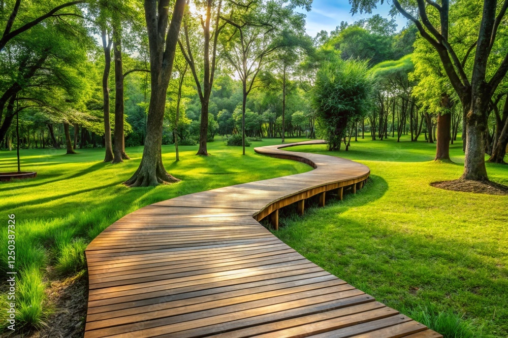Obraz premium A long wooden path in a park with trees and grass