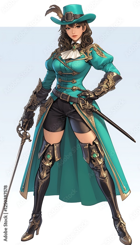 Female warrior in teal, fantasy, sword, light blue background Female warrior in teal, fantasy, sword, light blue background