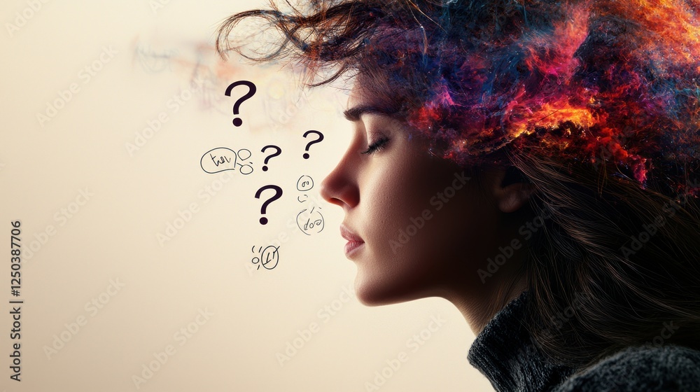 Woman in contemplative pose with colorful abstract thoughts swirling above her head, symbolizing introspection Woman in contemplative pose with colorful abstract thoughts swirling above her head, symbolizing introspection