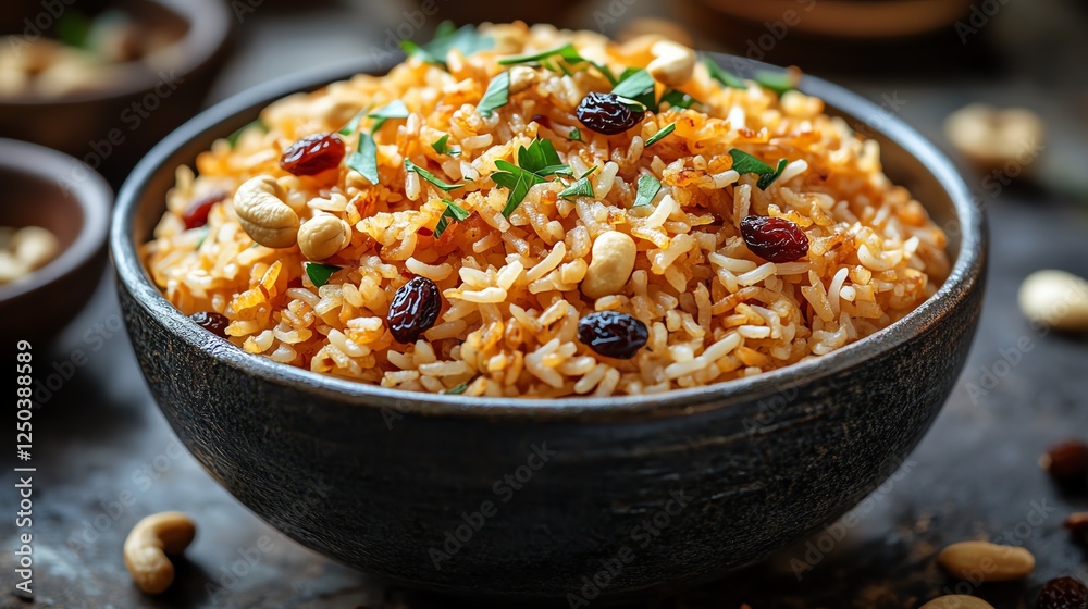 A delicious bowl of flavorful rice garnished with nuts and herbs, perfect for showcasing culinary traditions and comforting meals in a warm, inviting setting. A delicious bowl of flavorful rice garnished with nuts and herbs, perfect for showcasing culinary traditions and comforting meals in a warm, inviting setting.