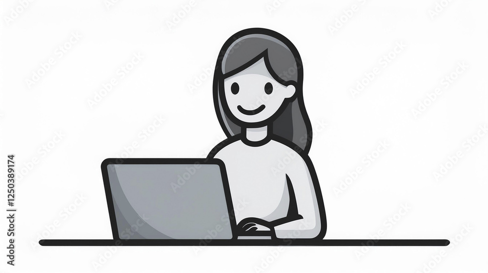 Imagen vectorial. representation de una mujer de negocios durante las horas de oficina, trabajando en su portátil