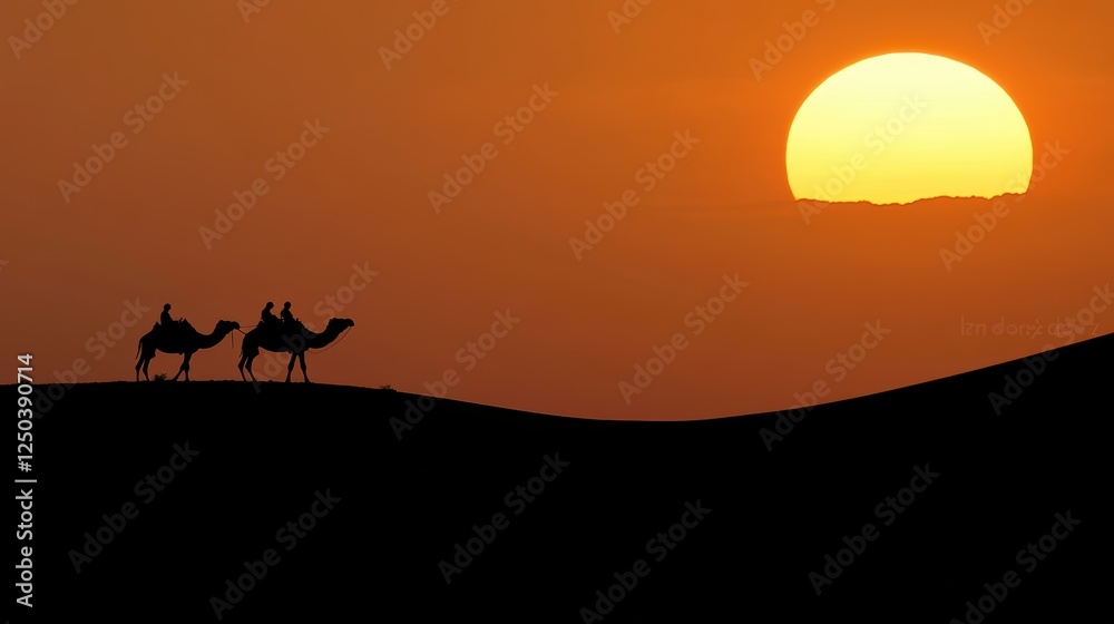 Silhouetted camels against a vibrant sunset in a desert landscape. Silhouetted camels against a vibrant sunset in a desert landscape.