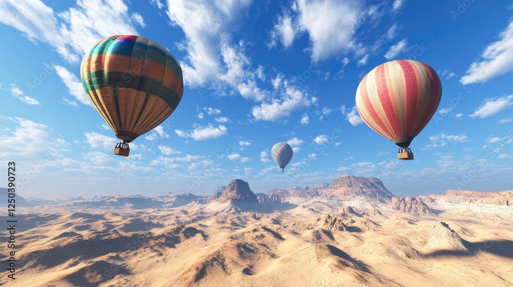 Obraz premium Hot Air Balloons Over a Desert Landscape with a Sunny Sky and Clouds