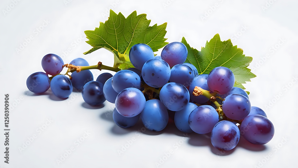 Fototapeta premium Bunch of fresh purple grapes isolated on white background. It showcases ripe, juicy, organic fruit that's perfect for wine, dessert, or a healthy snack. 