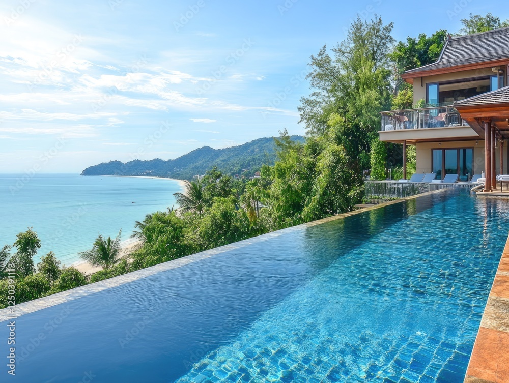 Obraz premium Luxurious infinity pool overlooking a serene tropical beach paradise
