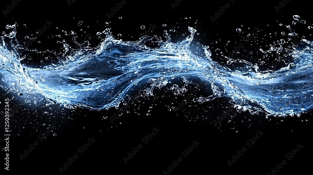 A dynamic splash of water, creating elegant waves against a black background, emphasizing fluid movement and the beauty of nature. A dynamic splash of water, creating elegant waves against a black background, emphasizing fluid movement and the beauty of nature.