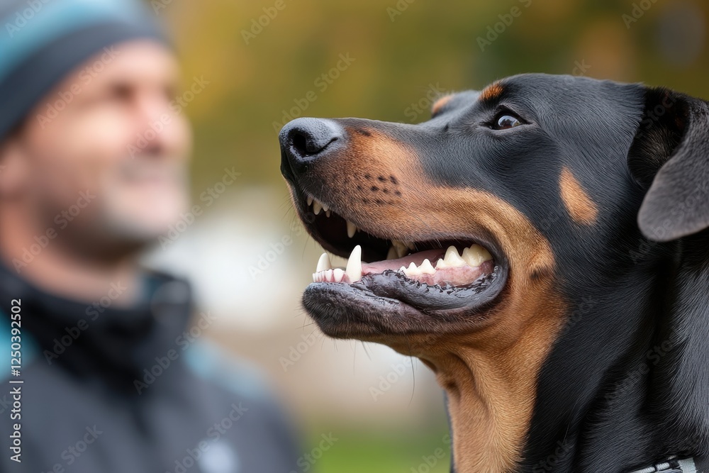 An endearing dog showing a big smile, with a blurred figure of a person in the background, representing companionship and the bond between pets and their owners.