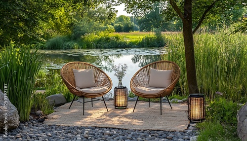Wicker chairs by pond, tranquil garden setting