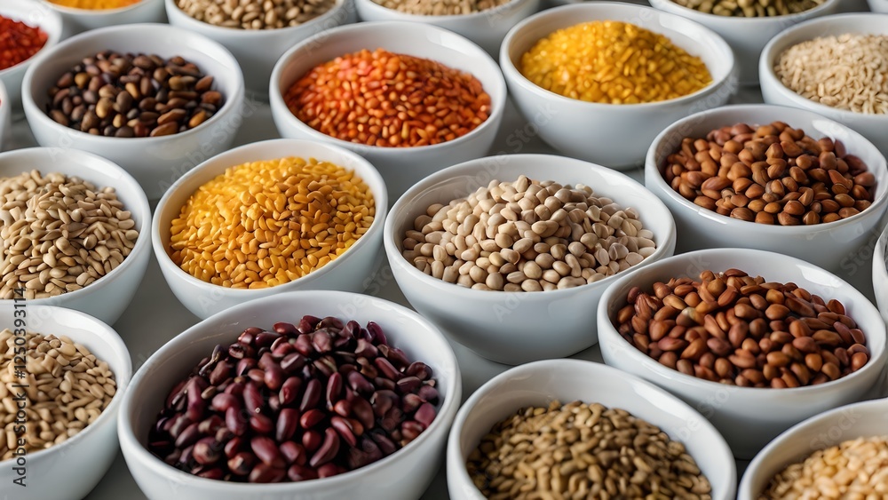 Collection of Various Grains and Pulses in White Bowls Collection of Various Grains and Pulses in White Bowls