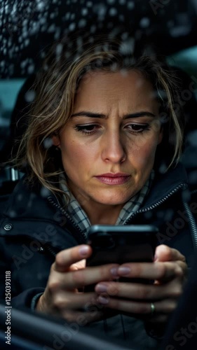Worried middle-aged woman using smartphone inside a car on a rainy day, vertical footage