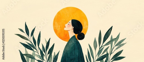 Serene woman portrait against golden sun nature illustration tranquil environment minimalist viewpoint