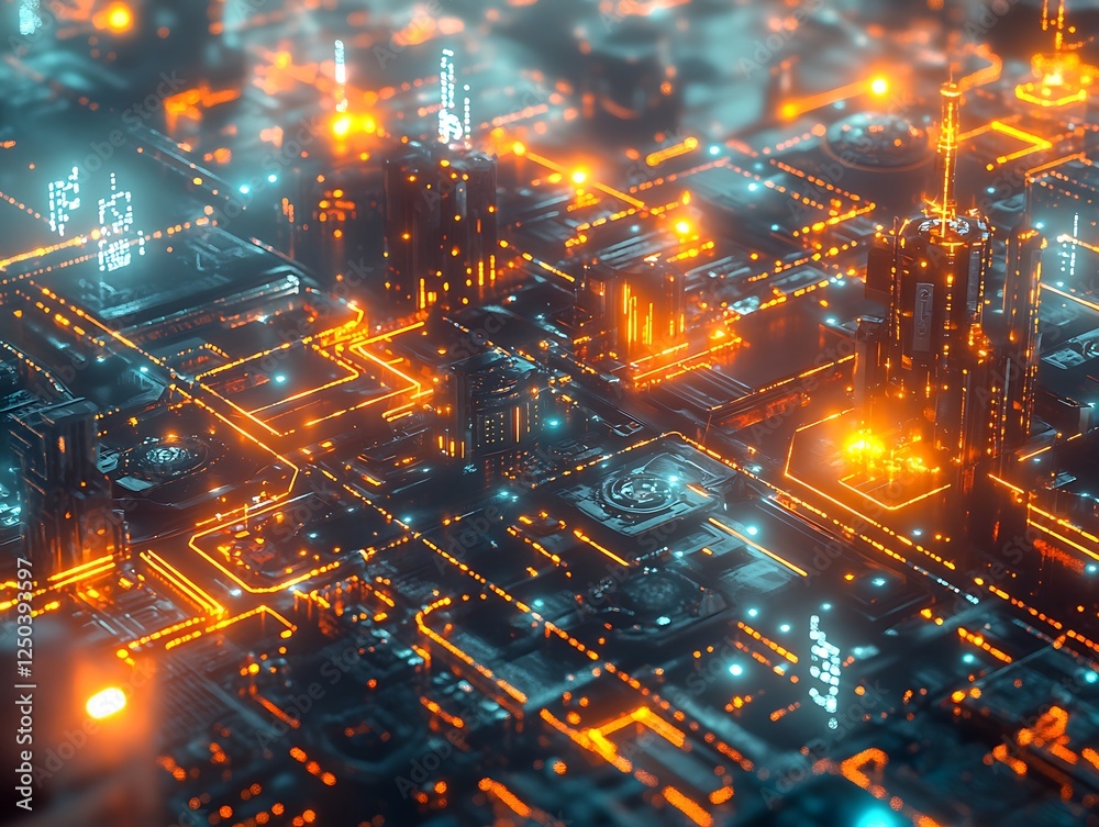 Fototapeta premium A futuristic cityscape with interconnected AI-powered systems glowing lights and dynamic energy patterns
