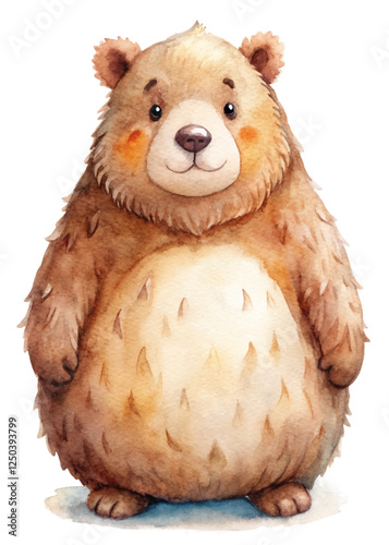 Cute cartoon bear, watercolor illustration, friendly character design, children's book art, whimsical animal portrait.