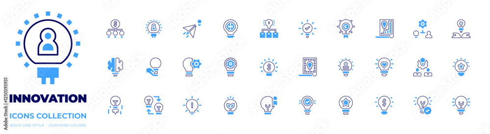Innovation icon collection. Bold line style. Duotone colors. idea, innovation, growth, copyright, lightbulb, invention, creativity, money Innovation icon collection. Bold line style. Duotone colors. idea, innovation, growth, copyright, lightbulb, invention, creativity, money