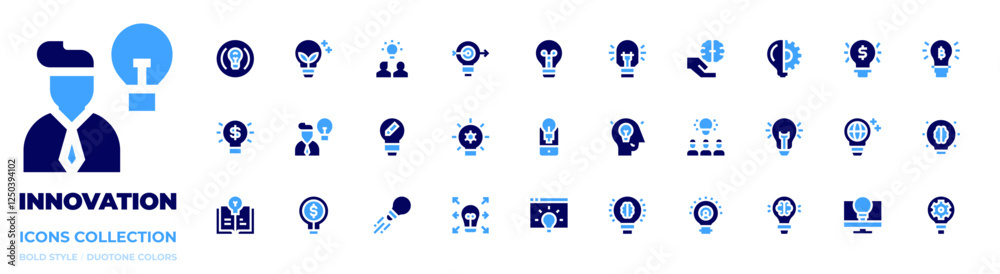 Innovation icon collection. Bold style. Duotone colors. greeninnovation, lightbulb, idea, goal, invention, emergingindustries Innovation icon collection. Bold style. Duotone colors. greeninnovation, lightbulb, idea, goal, invention, emergingindustries