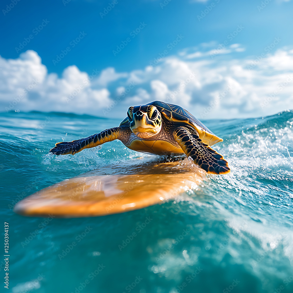 Obraz premium Sea Turtle Surfing on Calm Ocean Waves in Bright Sunlight